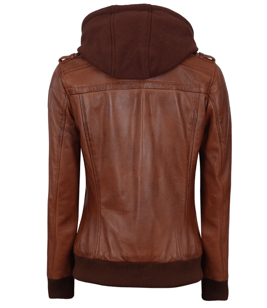 Dunkelbraune Bomber-Lederjacke für Damen mit abnehmbarer Kapuze - Image 3