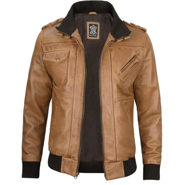 Kamelbraune Herrenlederjacke mit abnehmbarer Kapuze - Image 4