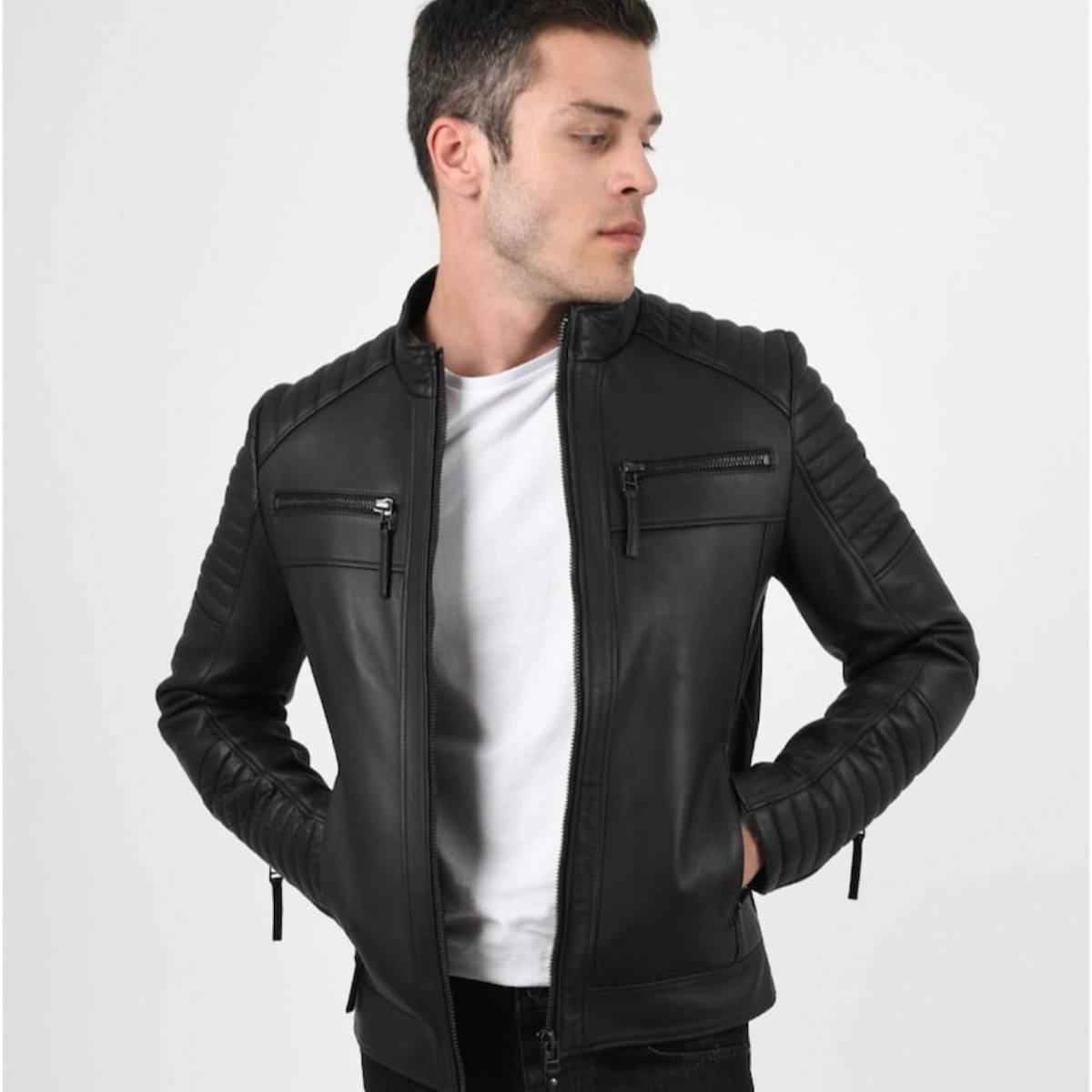 Deutsche Bikerjacke aus schwarzem Lammleder für Herren - Image 3
