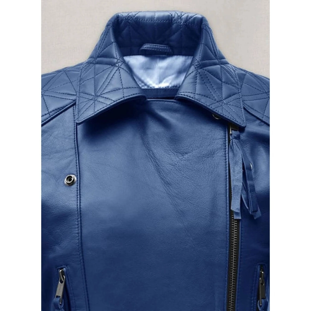 Handgemachte Blaue Lederjacke für Damen mit weißen Streifen - Image 2