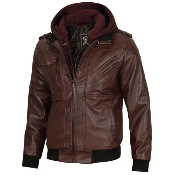 Dunkelbraune Bomberjacke aus Leder für Herren mit Kapuze - Image 4