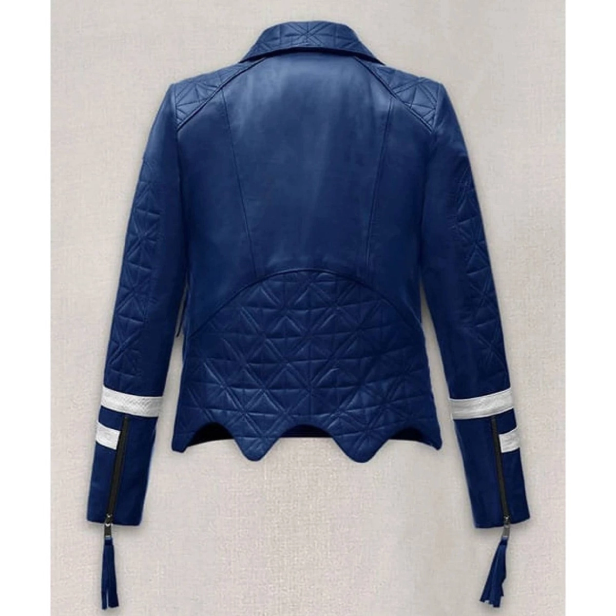 Handgemachte Blaue Lederjacke für Damen mit weißen Streifen - Image 5