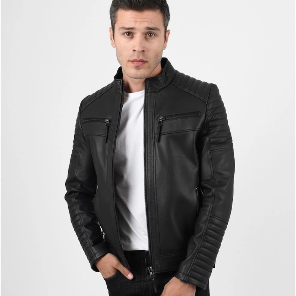 Deutsche Bikerjacke aus schwarzem Lammleder für Herren - Image 2