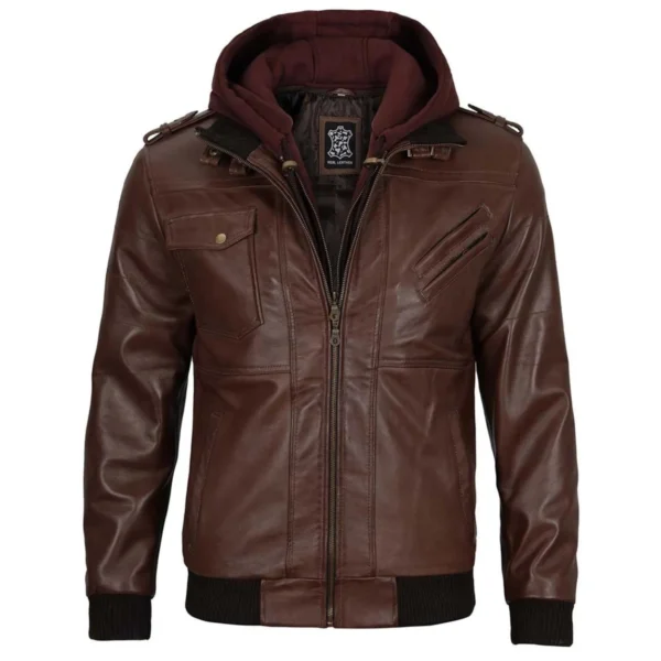 Dunkelbraune Bomberjacke aus Leder für Herren mit Kapuze - Image 3