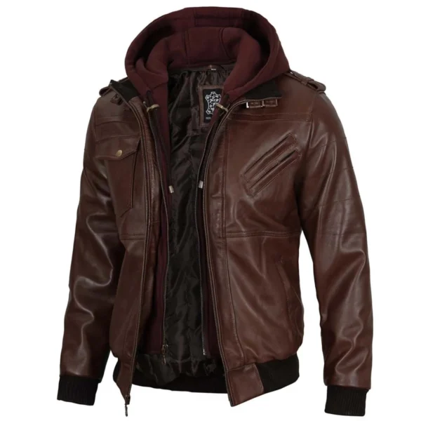Dunkelbraune Bomberjacke aus Leder für Herren mit Kapuze - Image 2
