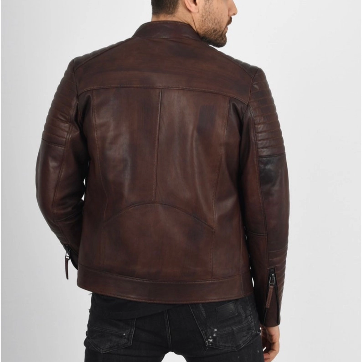Dunkelbraune Lederjacke im Bikerstil für Herren - Image 3