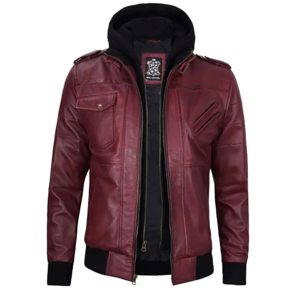 Kastanienbraune Herren-Lederjacke mit abnehmbarer Kapuze - Image 2
