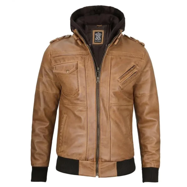 Kamelbraune Herrenlederjacke mit abnehmbarer Kapuze - Image 3