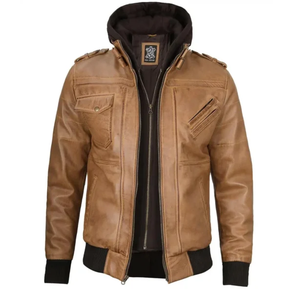 Kamelbraune Herrenlederjacke mit abnehmbarer Kapuze
