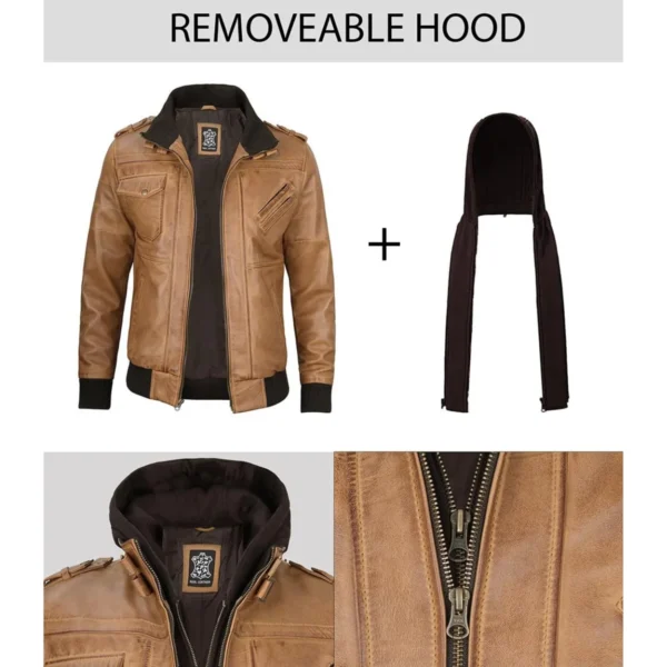 Kamelbraune Herrenlederjacke mit abnehmbarer Kapuze - Image 6