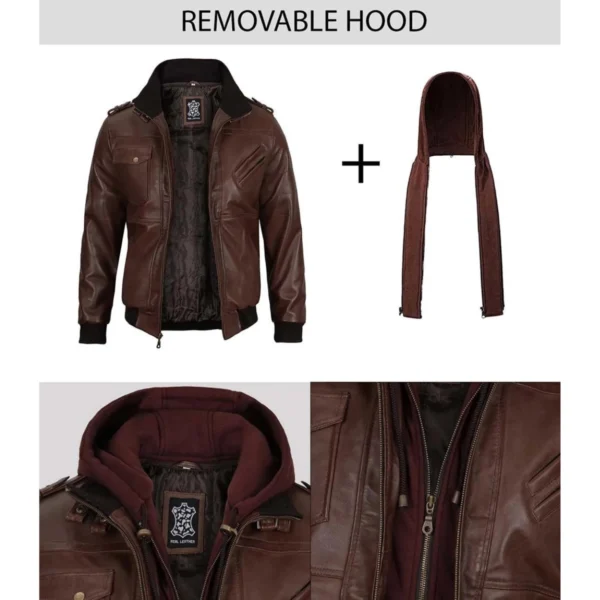 Dunkelbraune Bomberjacke aus Leder für Herren mit Kapuze - Image 6
