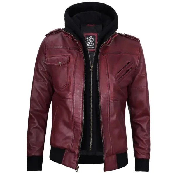 Kastanienbraune Herren-Lederjacke mit abnehmbarer Kapuze