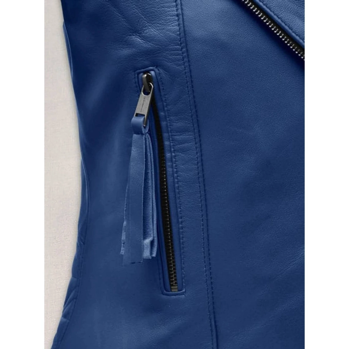 Handgemachte Blaue Lederjacke für Damen mit weißen Streifen - Image 4