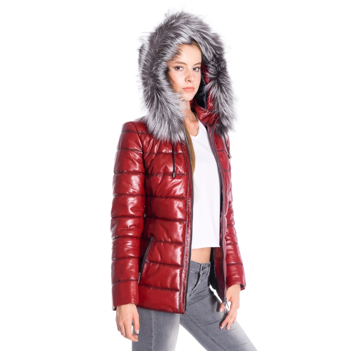Frauen Rote Lederjacke mit Pelz - Image 3
