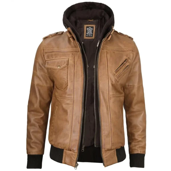 Kamelbraune Herrenlederjacke mit abnehmbarer Kapuze - Image 2