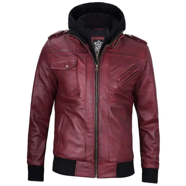 Kastanienbraune Herren-Lederjacke mit abnehmbarer Kapuze - Image 3