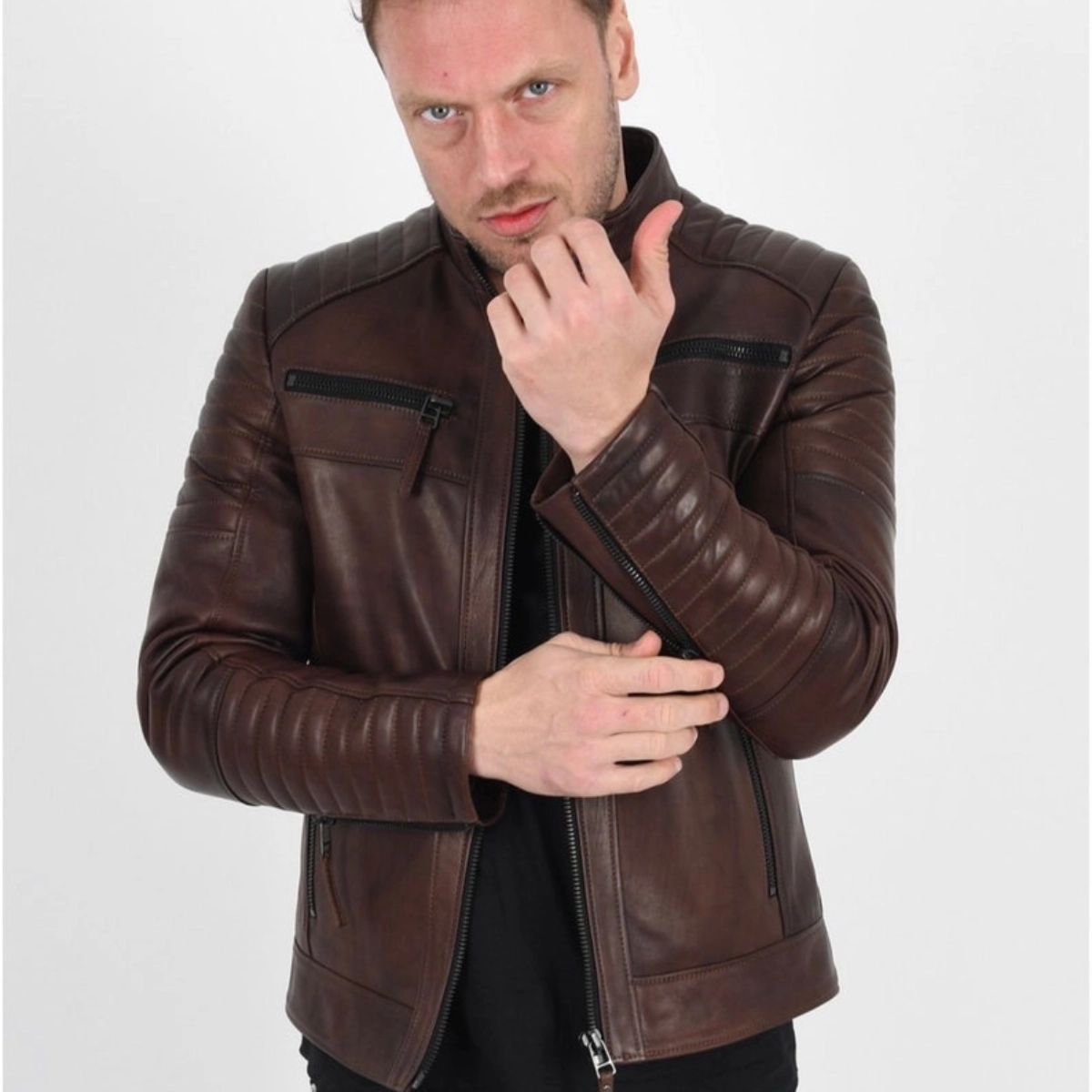 Dunkelbraune Lederjacke im Bikerstil für Herren - Image 2