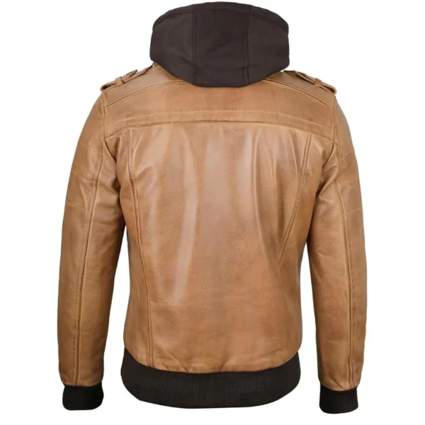 Kamelbraune Herrenlederjacke mit abnehmbarer Kapuze - Image 5