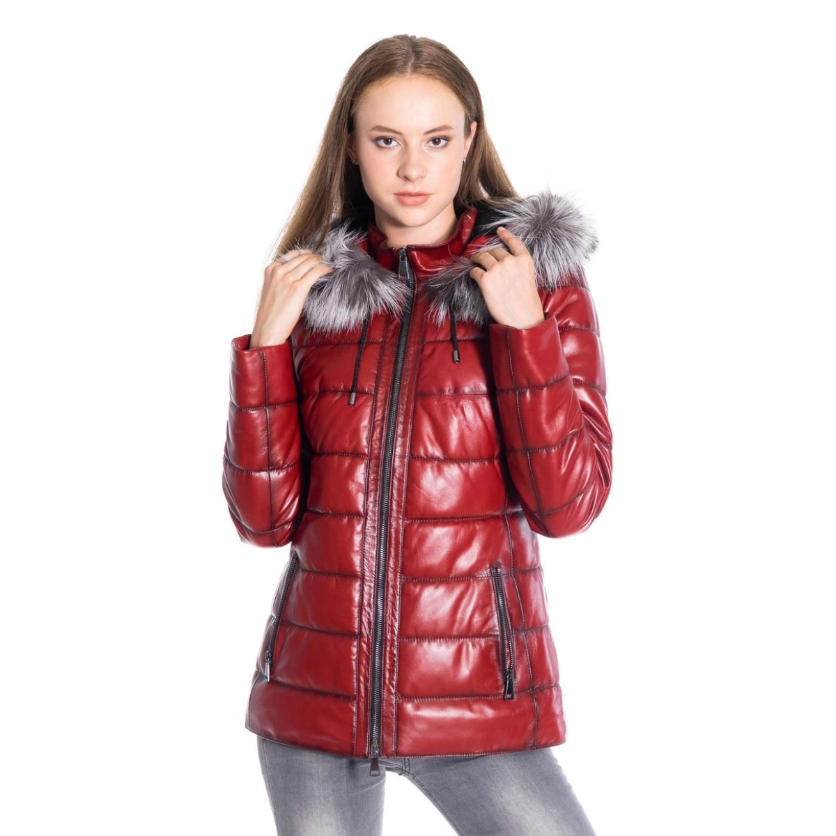 Frauen Rote Lederjacke mit Pelz - Image 2