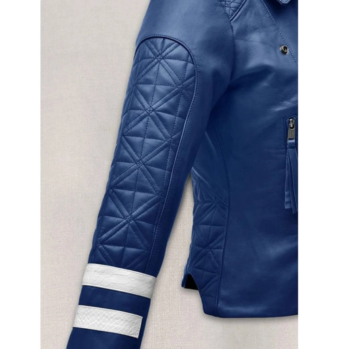 Handgemachte Blaue Lederjacke für Damen mit weißen Streifen - Image 3