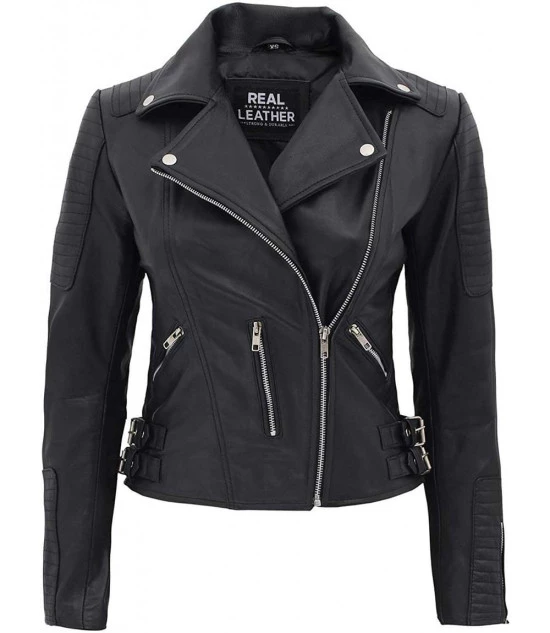 Schwarze Damen-Biker Jacke Mit Asymmetrischem Reißverschluss