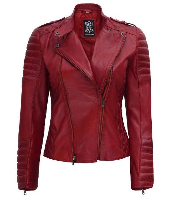 Gesteppte Biker-Lederjacke für Damen in Kastanienbraun