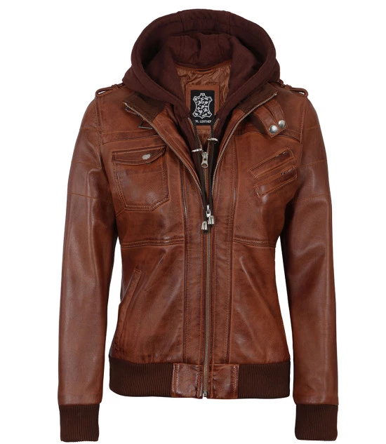 Dunkelbraune Bomber-Lederjacke für Damen mit abnehmbarer Kapuze