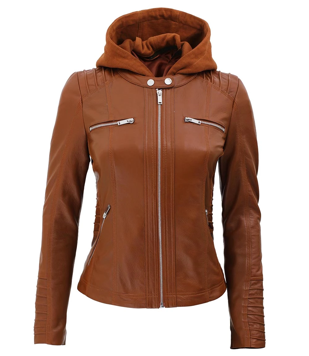 Braune Damen-Lederjacke mit abnehmbarer Kapuze - Image 6
