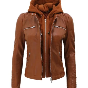 Braune Damen-Lederjacke mit abnehmbarer Kapuze