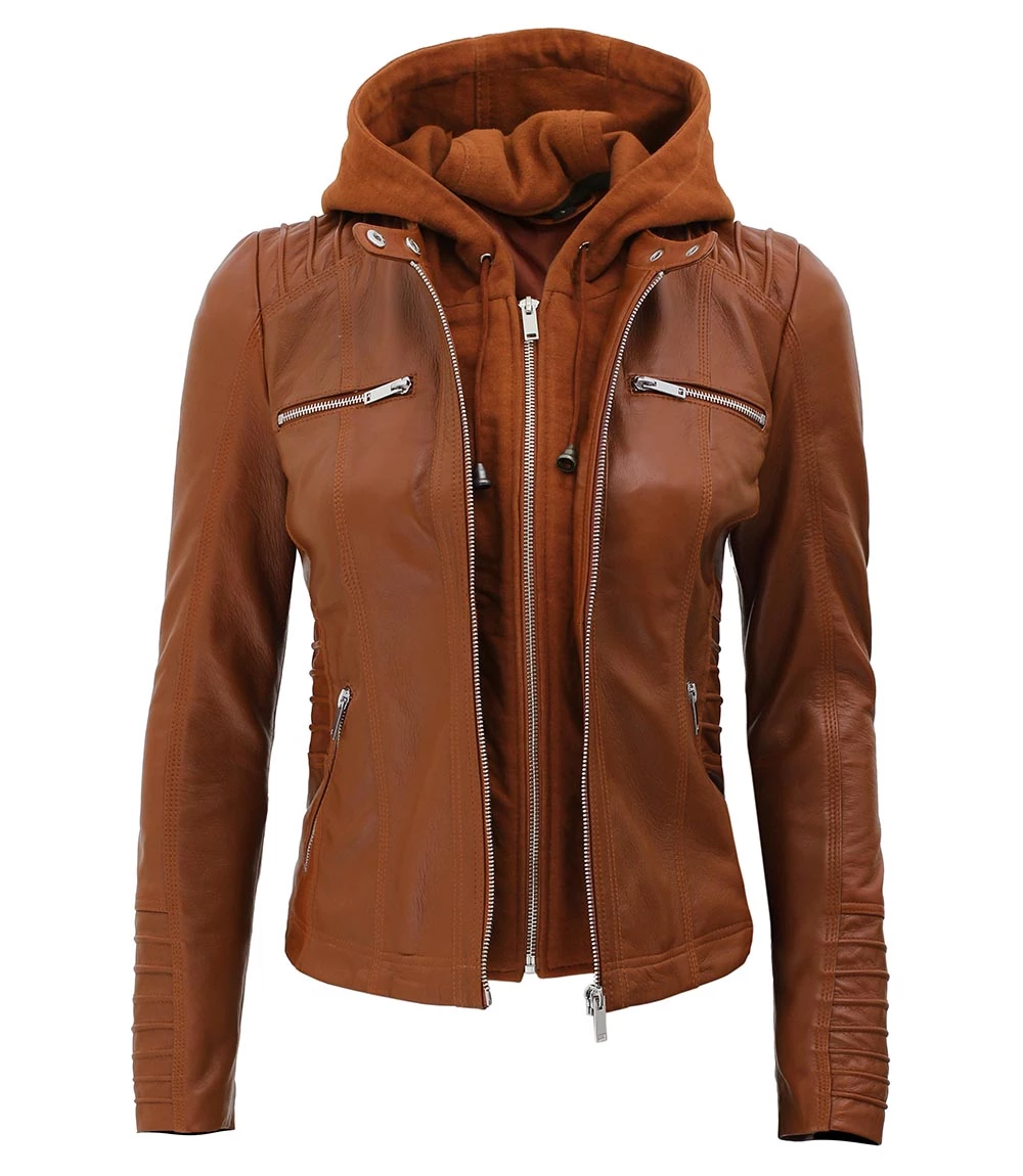 Braune Damen-Lederjacke mit abnehmbarer Kapuze - Image 5