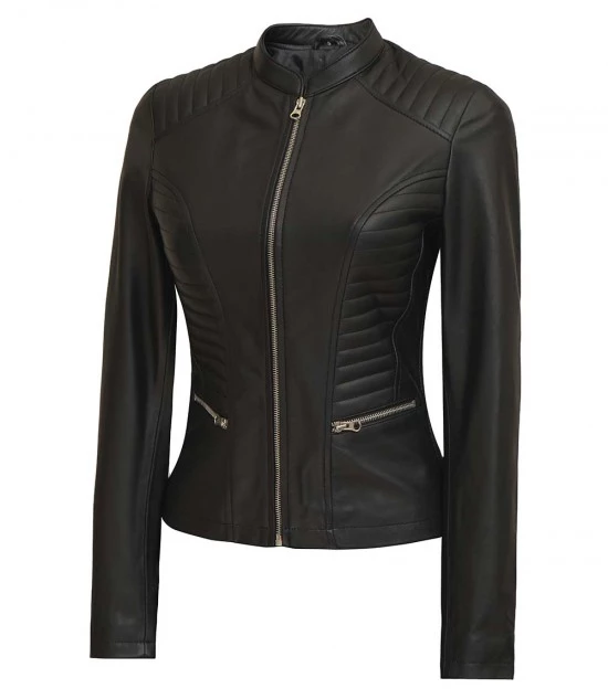 Damen Slim Fit schwarze Lederjacke - Image 3