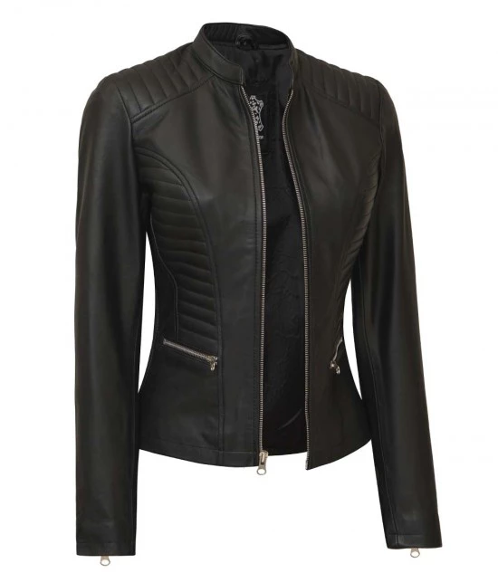 Damen Slim Fit schwarze Lederjacke - Image 4