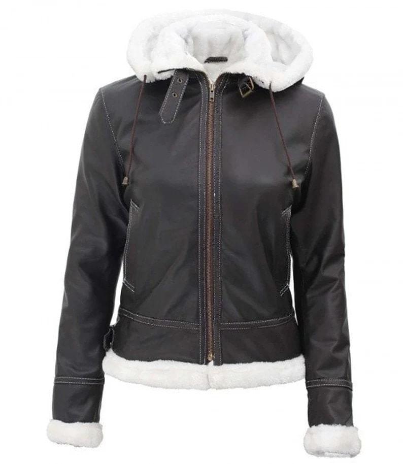 Dunkelbraune Damen-Lederjacke mit weißem Fell - Image 7