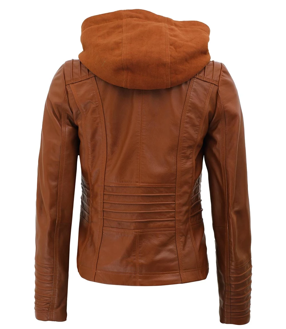 Braune Damen-Lederjacke mit abnehmbarer Kapuze - Image 2