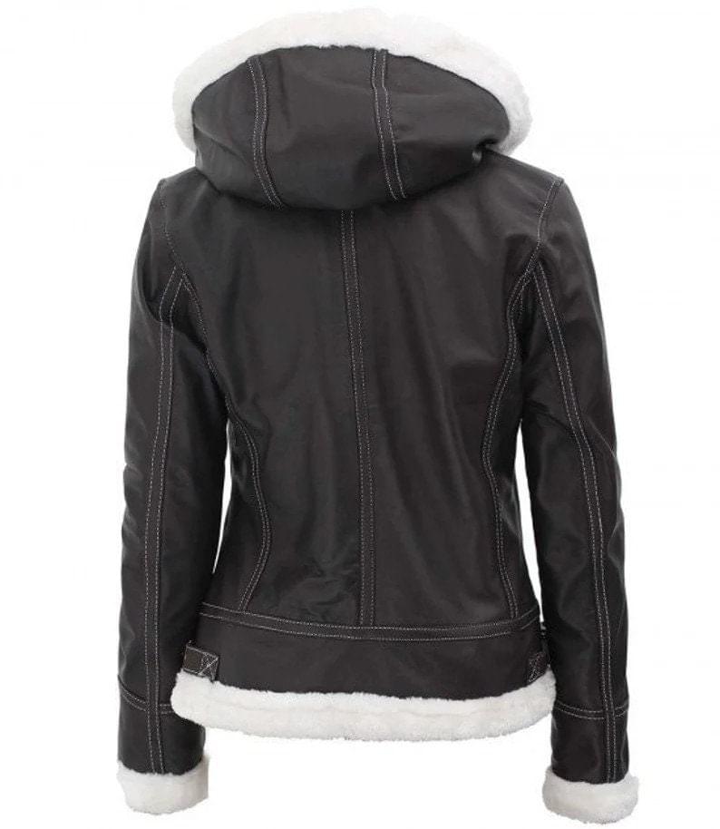 Dunkelbraune Damen-Lederjacke mit weißem Fell - Image 4
