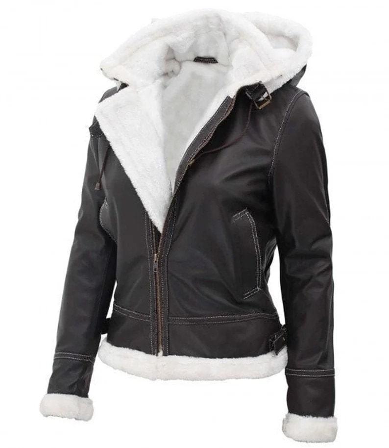 Dunkelbraune Damen-Lederjacke mit weißem Fell - Image 2