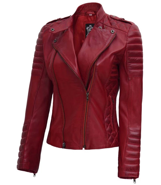 Gesteppte Biker-Lederjacke für Damen in Kastanienbraun - Image 2