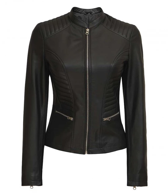 Damen Slim Fit schwarze Lederjacke