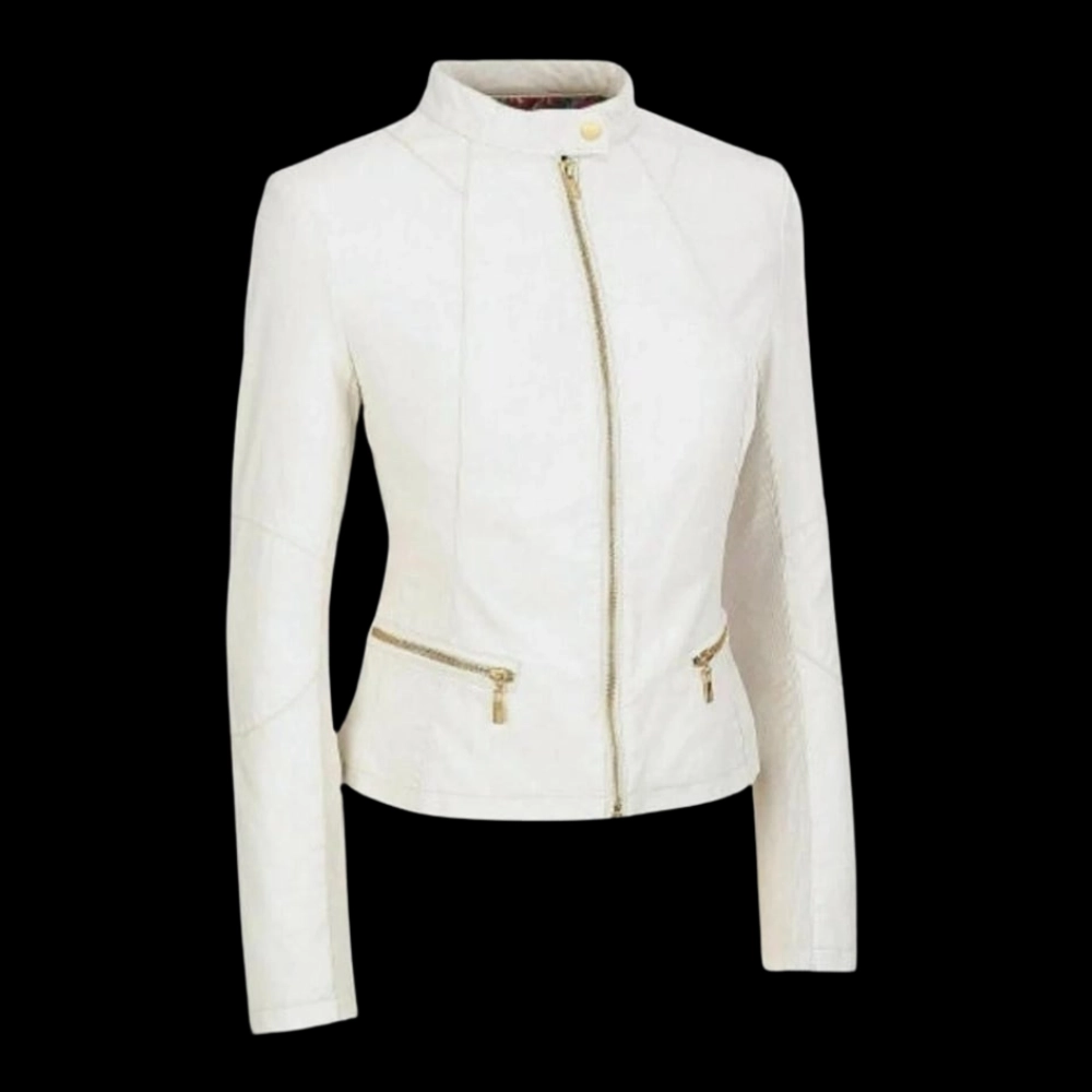 Weiße Damen-Lederjacke mit goldfarbenem Reißverschluss und Knöpfen