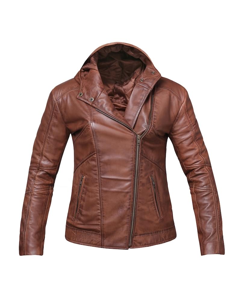 Hochwertige braune Lederjacke mit Kapuze