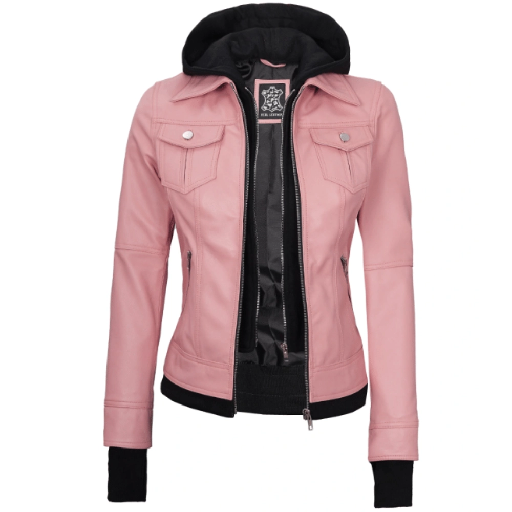 pinke-damen-lederjacke-mit-abnehmbarer-kapuze