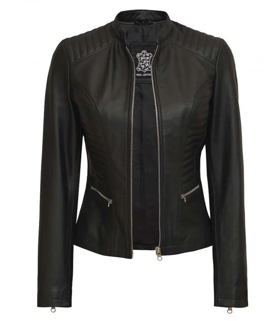 Damen Slim Fit schwarze Lederjacke - Image 2