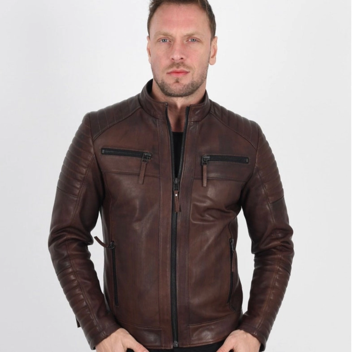 Dunkelbraune Lederjacke im Bikerstil für Herren