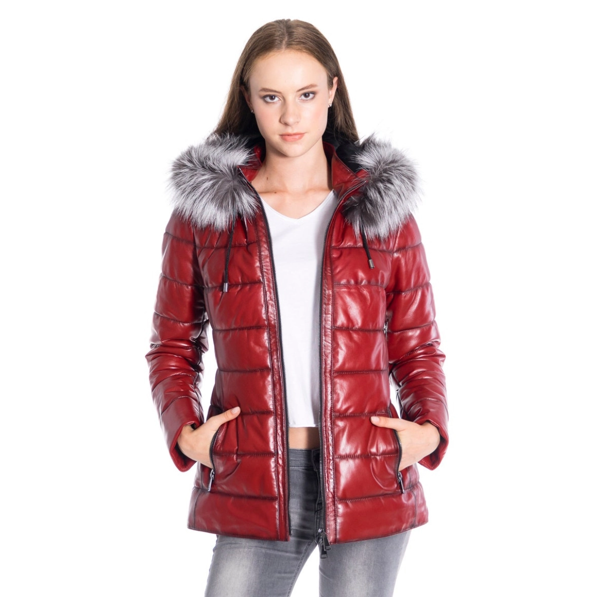 Frauen Rote Lederjacke mit Pelz