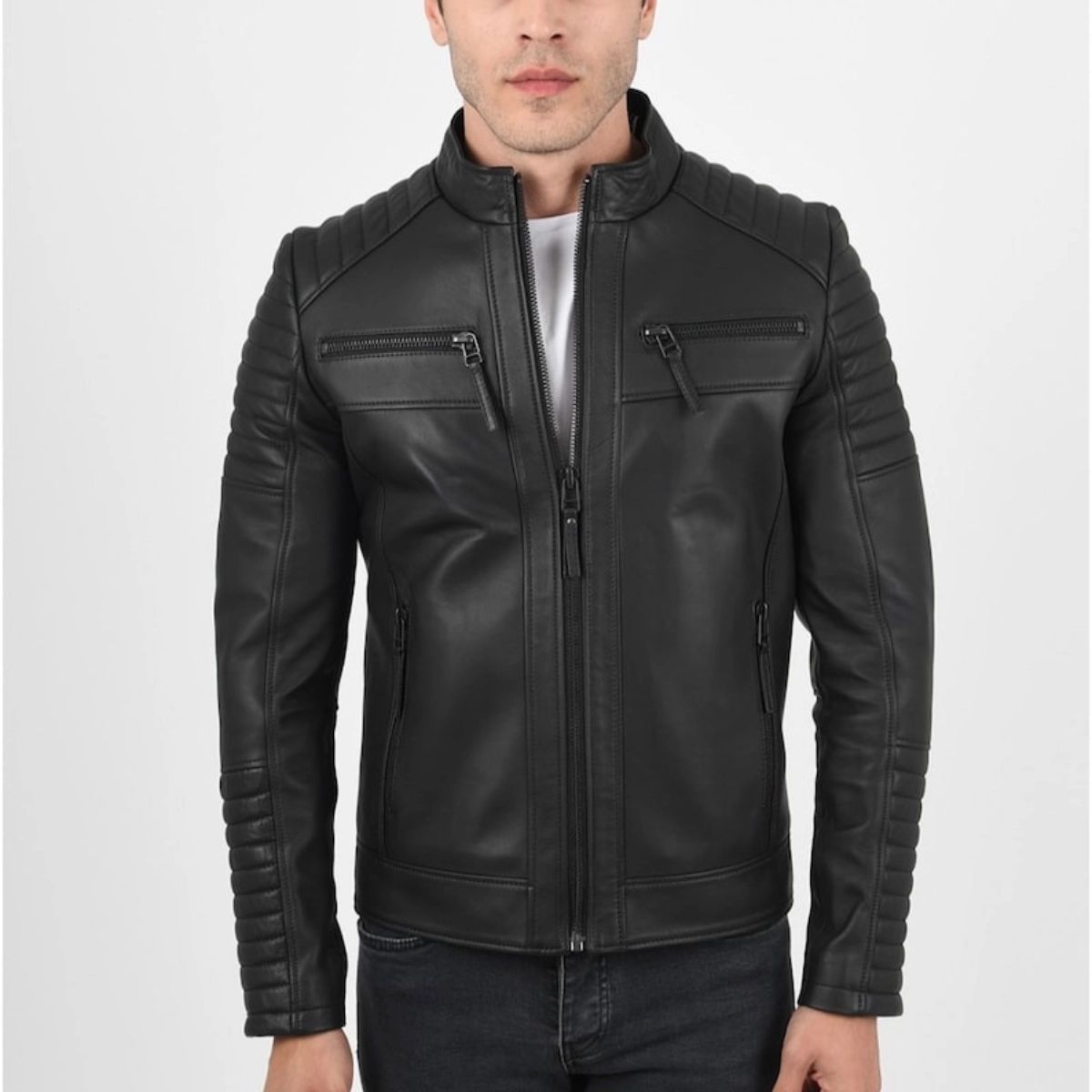 Deutsche Bikerjacke aus schwarzem Lammleder für Herren